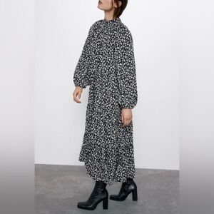 Zara Floral Printed Midi Dress, Black | size M Cottagecore
